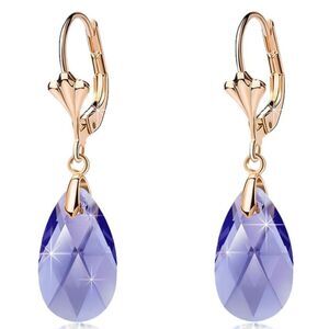 14K Yellow Gold with Tanzanite Austrian Crystal Teardrop Leverback Drop Earrings